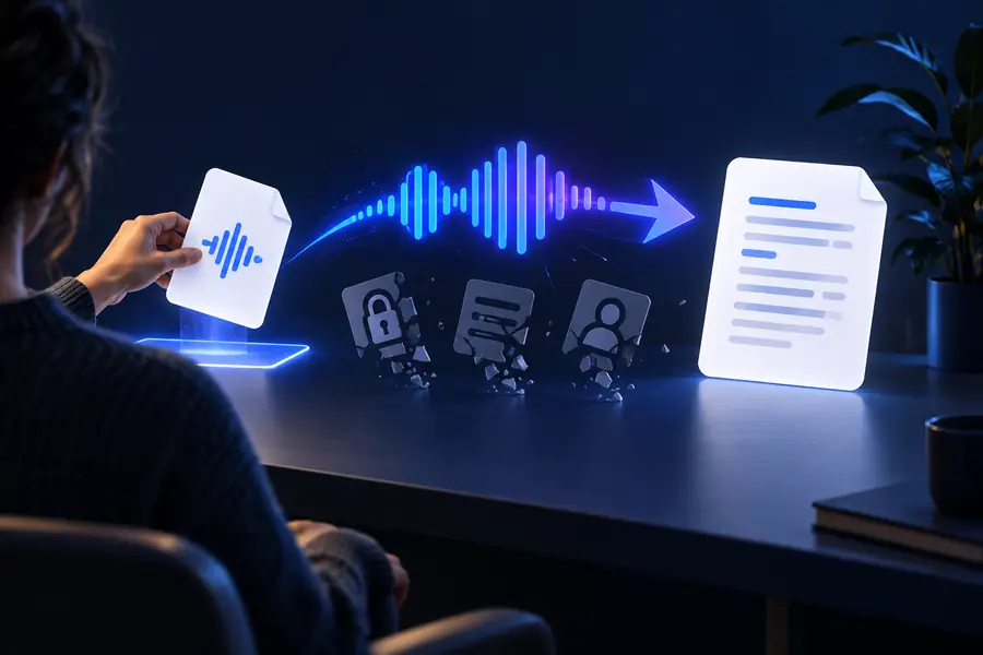 Gravação de áudio pronta para um fluxo de trabalho de transcrição sem conta
